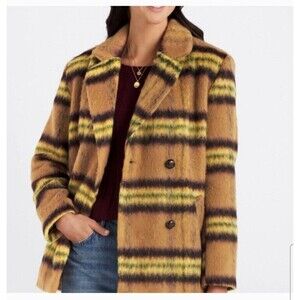 Vigoss Plaid Double Breasted Peacoat Jacket Yellow Tan Full Button Size M NWT